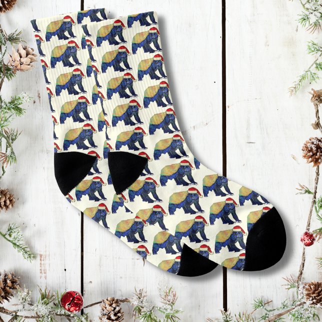 Festive Psychedelic Honey Badger Badass Christmas  Socks (Christmas honey badger wearing a Santa hat pattern socks badass animal art )