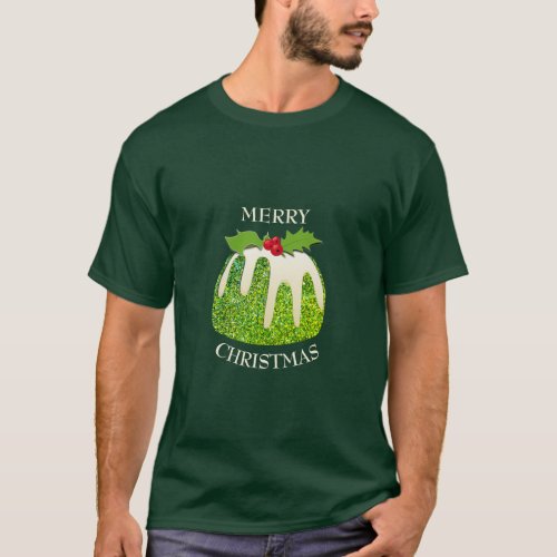 Festive Pudding Green GLITTER SPARKLE  Christmas T_Shirt