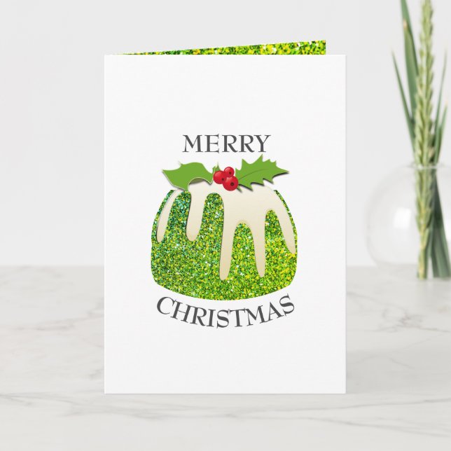 Festive Pudding with Green | GLITTER | Christmas Holiday Card (Front)