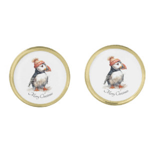 Festive Puffin Christmas Coastal Menswear Style Cufflinks