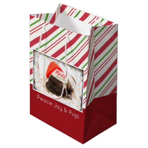 Festive Pug in Red Santa Hat with Christmas Light Medium Gift Bag