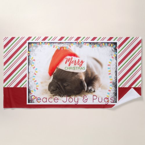 Festive Pug in Red Santa Hat with Christmas Lights Beach Towel