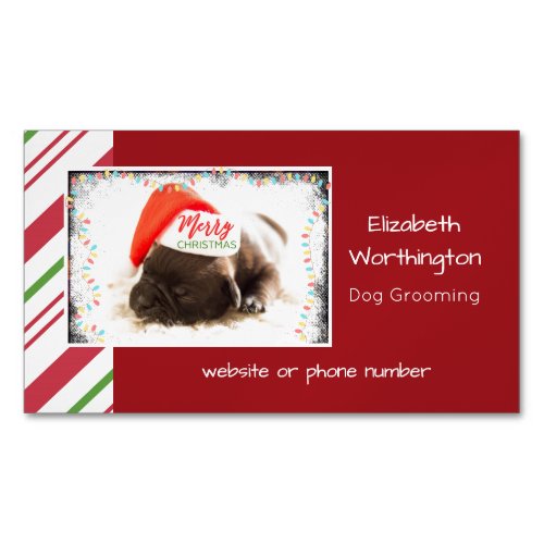 Festive Pug in Red Santa Hat with Christmas Lights Magnetic Business Card