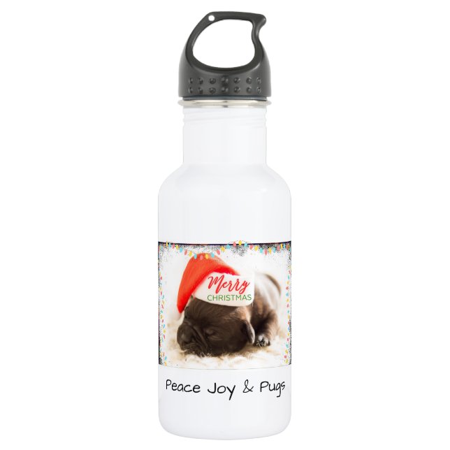 Festive Pug in Red Santa Hat with Christmas Lights Water Bottle (Front)
