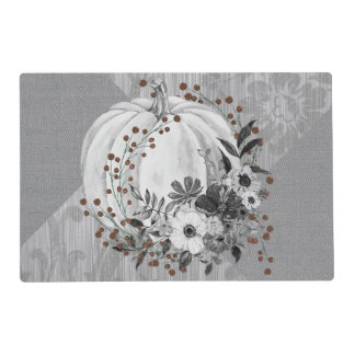 Festive Pumpkin Florals & Red Berries Grayscale  Placemat