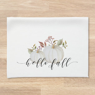 Festive Pumpkin Hello Fall Calligraphy Kitchen Towel