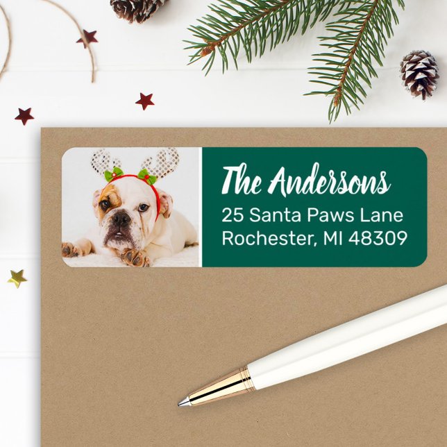 Festive Pup Green Dog Photo Holiday Return Address Label (Creator Uploaded)