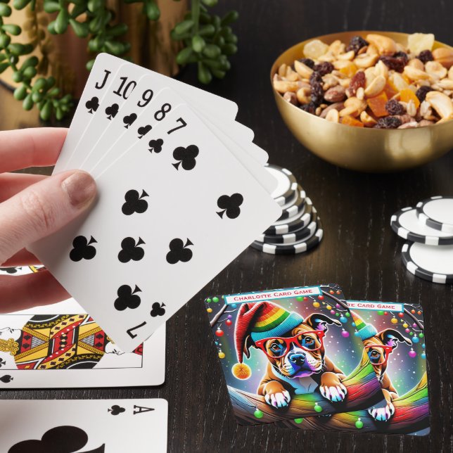 Festive Pup On A Rainbow Monogram Go Fish Game Poker Cards (In Situ)