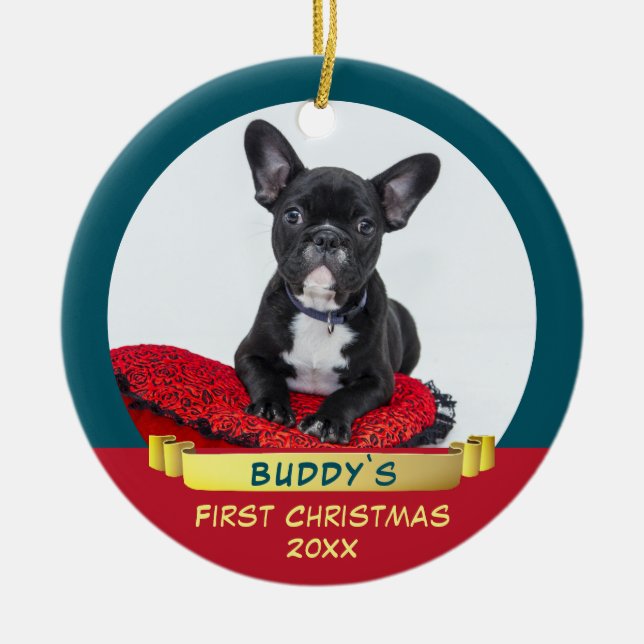 Festive Puppy 1st Christmas Ribbon Pet Photo Ceramic Ornament (Front)