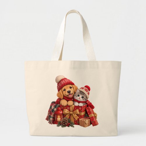 Festive Puppy and Kitten Winter Wonderland Large Tote Bag