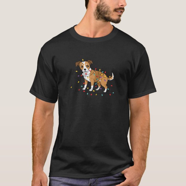Festive Puppy Fun Adorable Dog Tangled in Christma T-Shirt (Front)