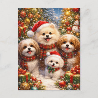 Festive puppy in a snowy garden postcard