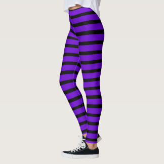 Festive Purple and Black Striped Halloween Leggings