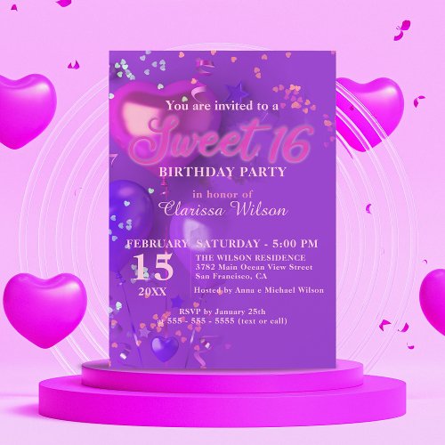 Festive Purple and Pink Balloons Confetti Sweet 16 Invitation