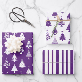 Festive Purple and White Christmas Tree Pattern Wrapping Paper Sheets
