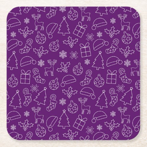 Festive Purple and White Winter Christmas Pattern Square Paper Coaster