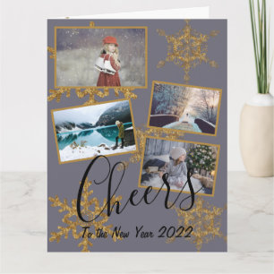 Festive Purple Cheers Golden Snowflake 4 Photos Card
