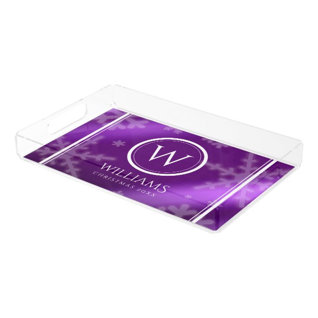 Festive Purple Foil Snowflakes Monogram Name Acrylic Tray (Angled)