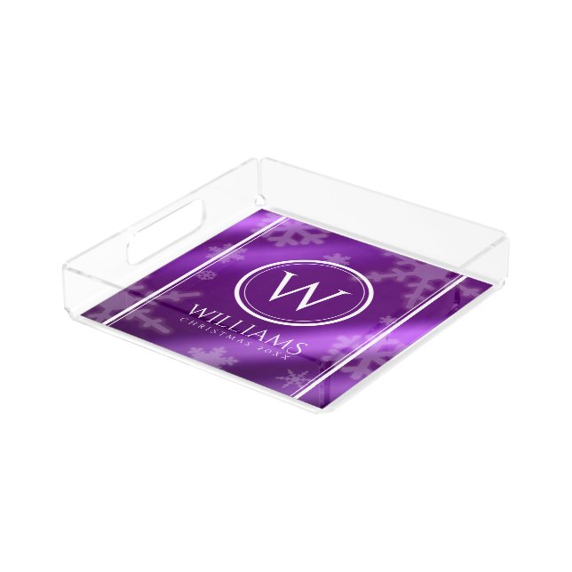 Festive Purple Foil Snowflakes Monogram Name Acrylic Tray (Angled)