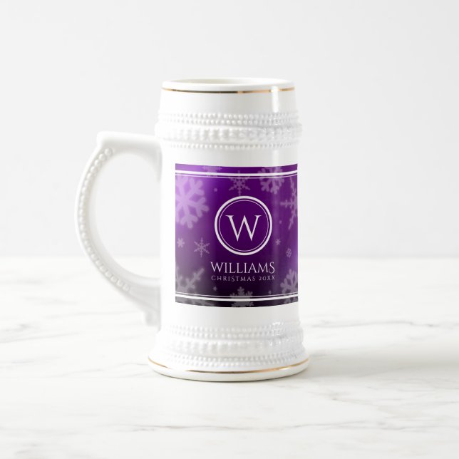 Festive Purple Foil Snowflakes Monogram Name Beer Stein (Left)
