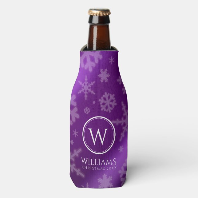 Festive Purple Foil Snowflakes Monogram Name Bottle Cooler (Bottle Front)