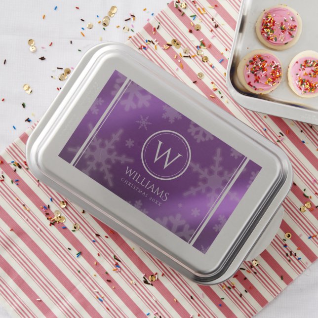 Festive Purple Foil Snowflakes Monogram Name Cake Pan (In Situ)