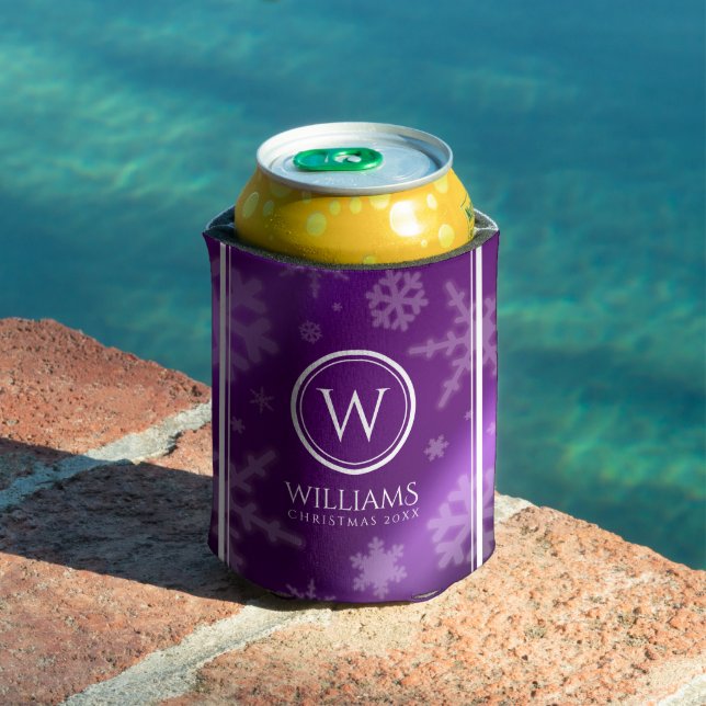 Festive Purple Foil Snowflakes Monogram Name Can Cooler (In Situ Pool)