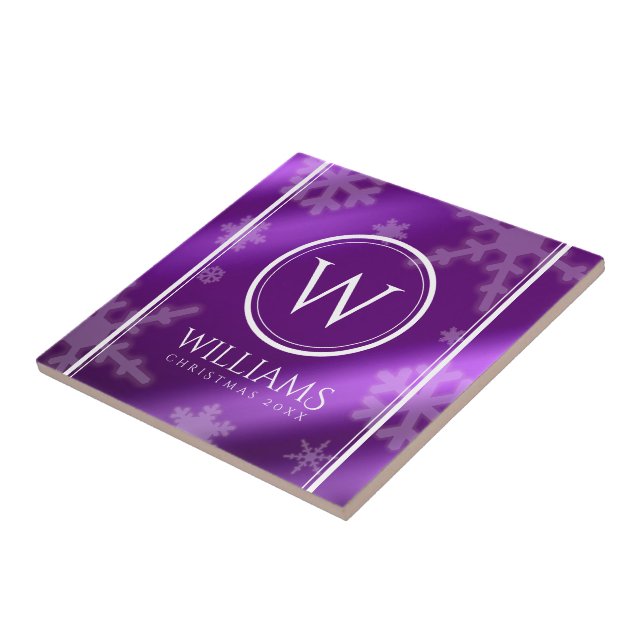 Festive Purple Foil Snowflakes Monogram Name Ceramic Tile (Side)