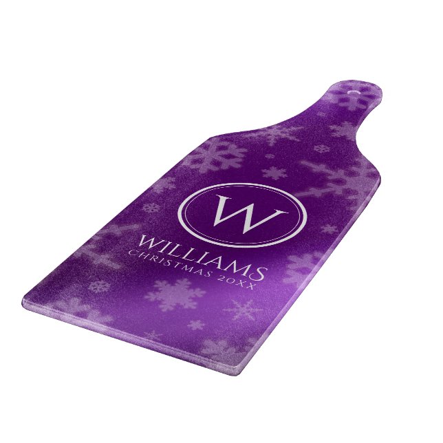 Festive Purple Foil Snowflakes Monogram Name Cutting Board (Corner)
