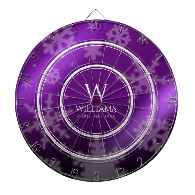 Festive Purple Foil Snowflakes Monogram Name Dart Board (Front)