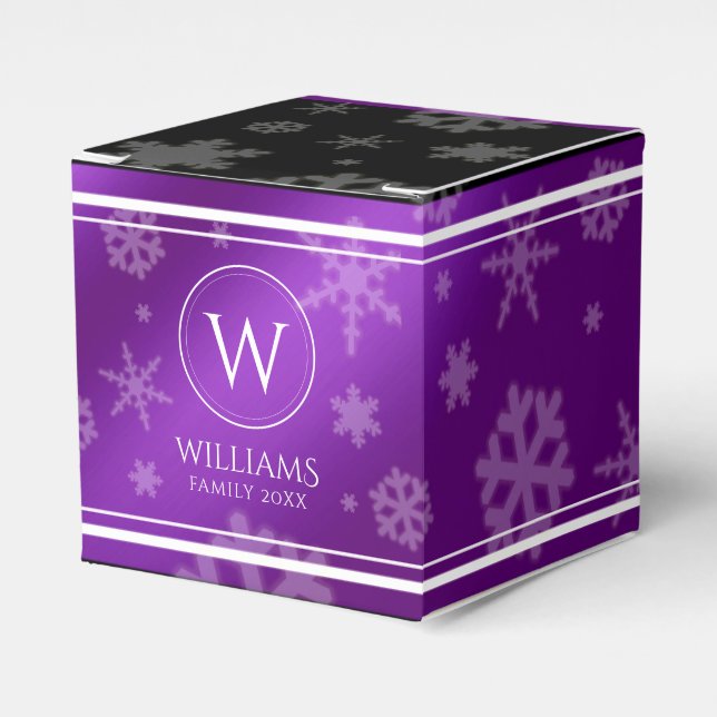 Festive Purple Foil Snowflakes Monogram Name Favor Boxes (Front Side)