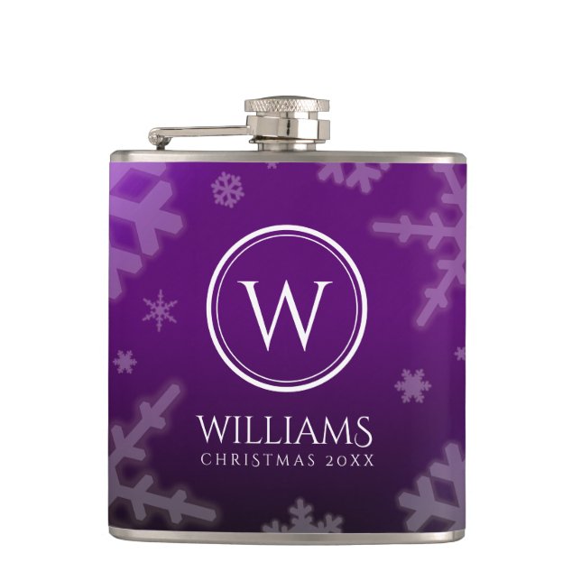 Festive Purple Foil Snowflakes Monogram Name Flask (Front)