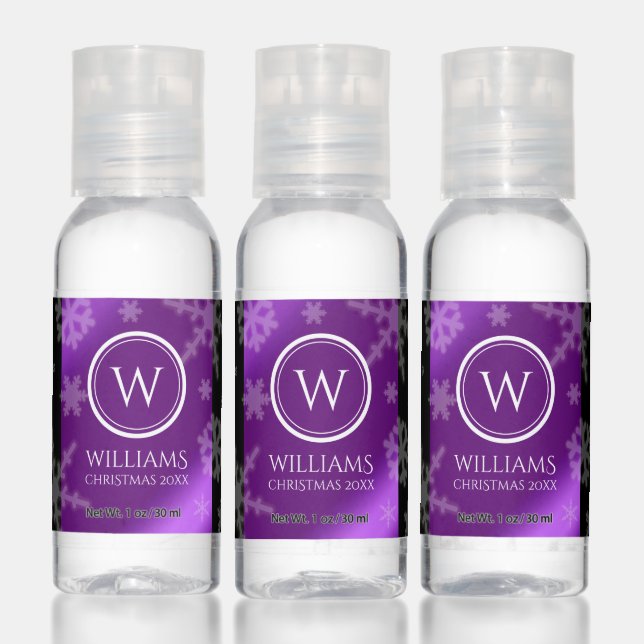 Festive Purple Foil Snowflakes Monogram Name Hand Sanitizer (Set)