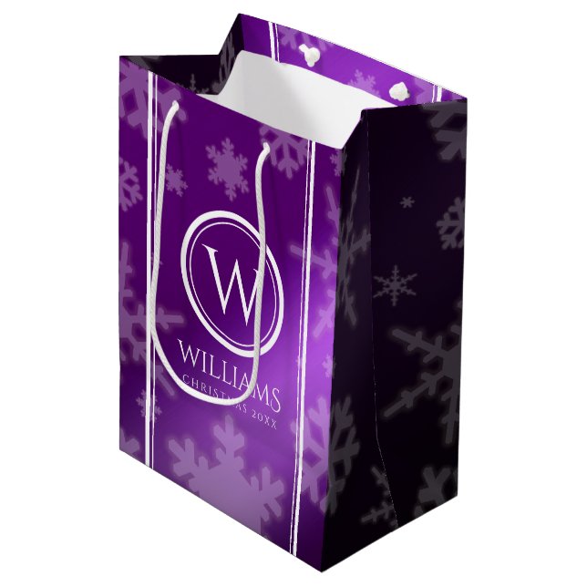 Festive Purple Foil Snowflakes Monogram Name Medium Gift Bag (Front Angled)