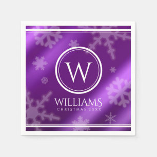 Festive Purple Foil Snowflakes Monogram Name Napkins