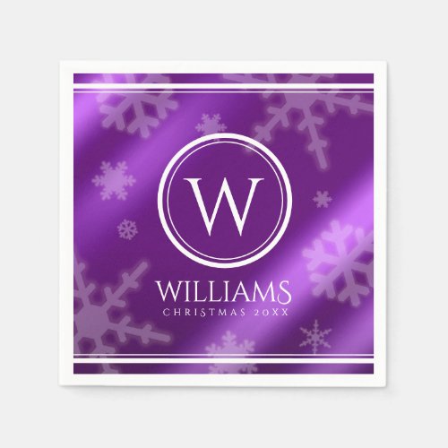 Festive Purple Foil Snowflakes Monogram Name Napkins