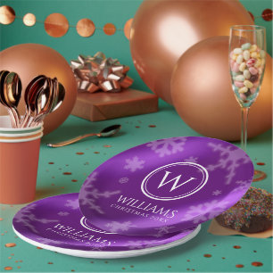 Festive Purple Foil Snowflakes Monogram Name Paper Plates