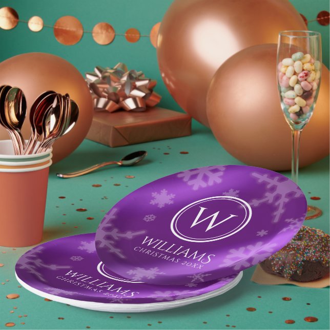 Festive Purple Foil Snowflakes Monogram Name Paper Plates (Multi)
