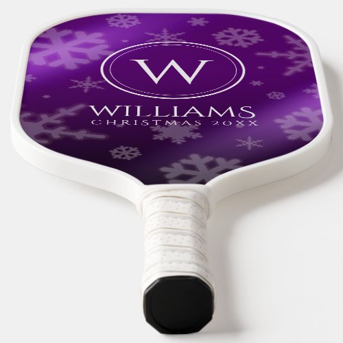 Festive Purple Foil Snowflakes Monogram Name Pickleball Paddle