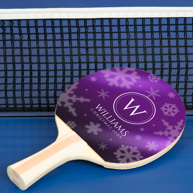 Festive Purple Foil Snowflakes Monogram Name Ping Pong Paddle (Insitu)