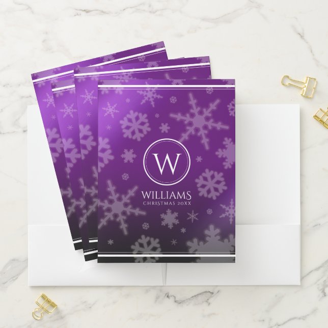 Festive Purple Foil Snowflakes Monogram Name Pocket Folder (In Situ)
