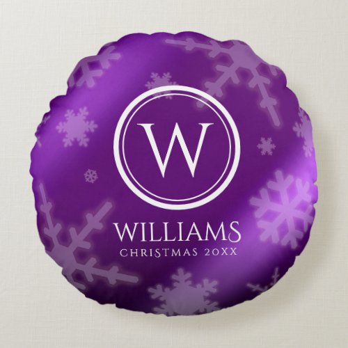 Festive Purple Foil Snowflakes Monogram Name Round Pillow