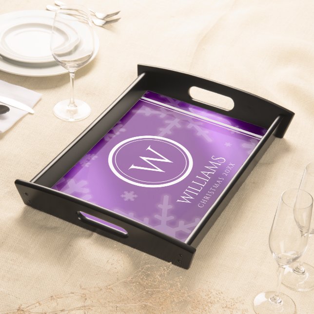 Festive Purple Foil Snowflakes Monogram Name Serving Tray (Front)