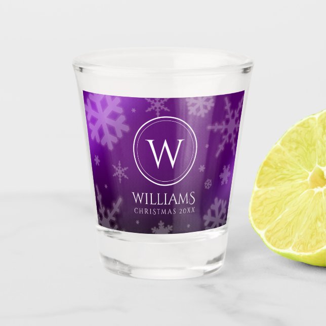 Festive Purple Foil Snowflakes Monogram Name Shot Glass (Front)