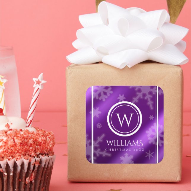 Festive Purple Foil Snowflakes Monogram Name Square Sticker (Party)