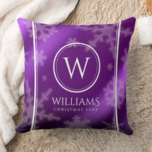 Festive Purple Foil Snowflakes Monogram Name Throw Pillow