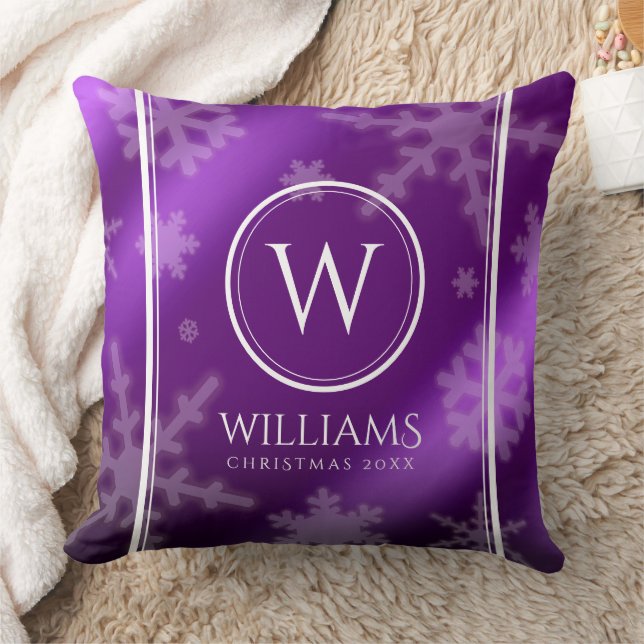 Festive Purple Foil Snowflakes Monogram Name Throw Pillow (Blanket)