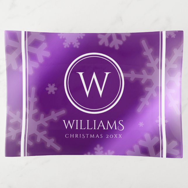 Festive Purple Foil Snowflakes Monogram Name Trinket Tray (Front)