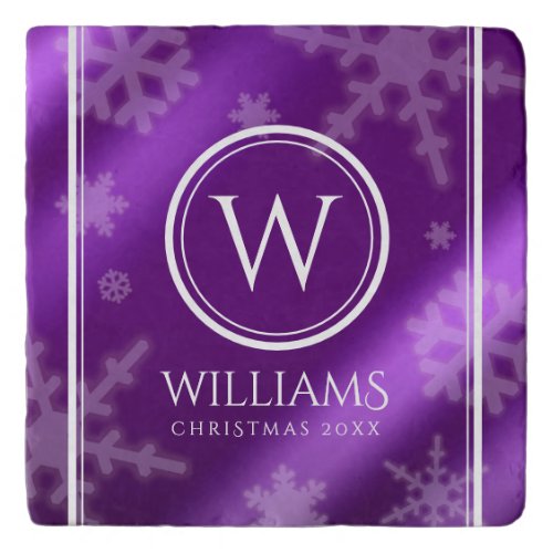 Festive Purple Foil Snowflakes Monogram Name Trivet