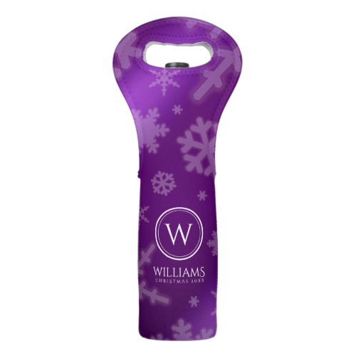 Festive Purple Foil Snowflakes Monogram Name Wine Bag